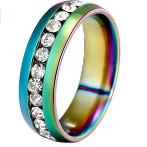 Unisex Stainless Steel Rhinestone Rainbow Ring